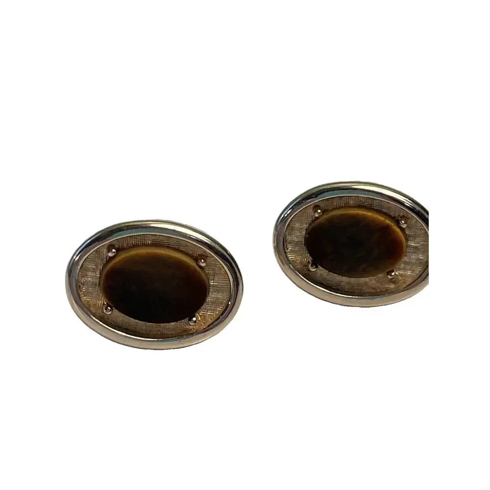 Vintage Tiger Eye Gold Tone Oval Cufflinks 1” Textured Frame Men’s Gift